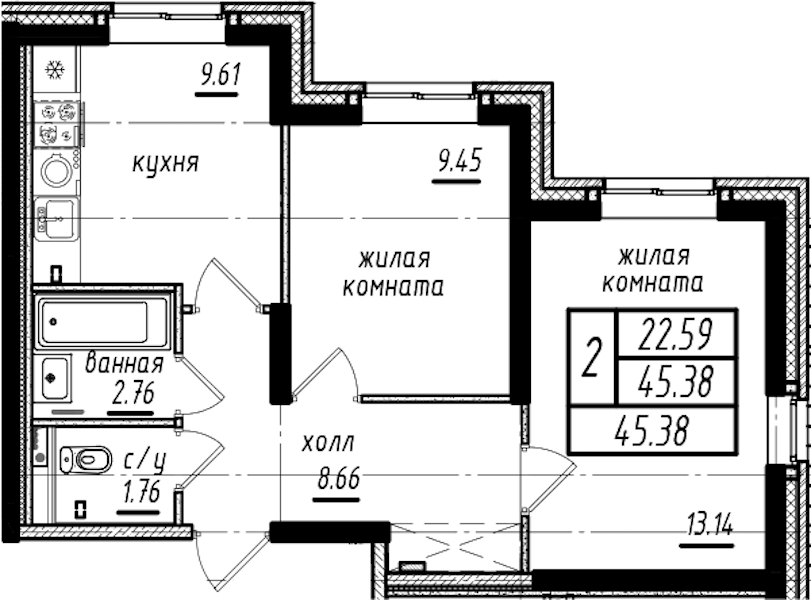 2-комнатная квартира 45.38 м², 1/25 эт., ЖК «Северная Долина»